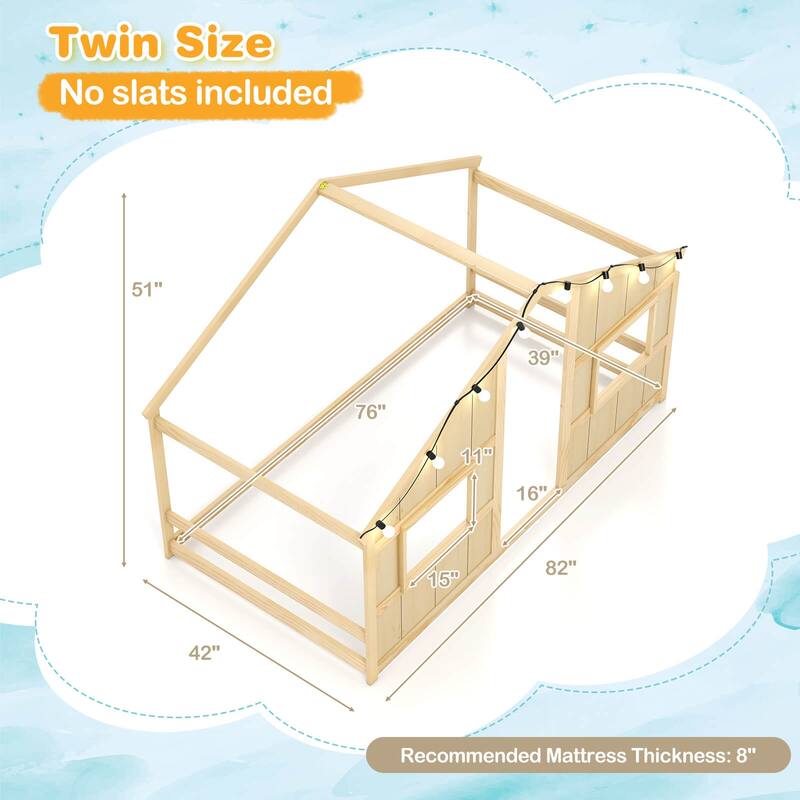 Costway Twin Size House Floor Bed with LED Lights Solid Wood Bed Frame