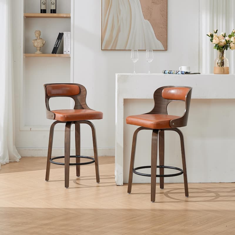 SEYNAR PU Leather 360 Degree Swivel Open Back Bar Stools Wood Legs Set of 2 - Brown