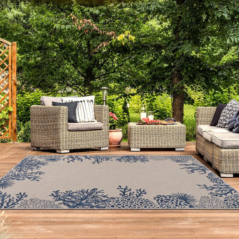 Sevita Tides Coastal Coral Reef Beige/Navy Indoor/Outdoor Area Rug