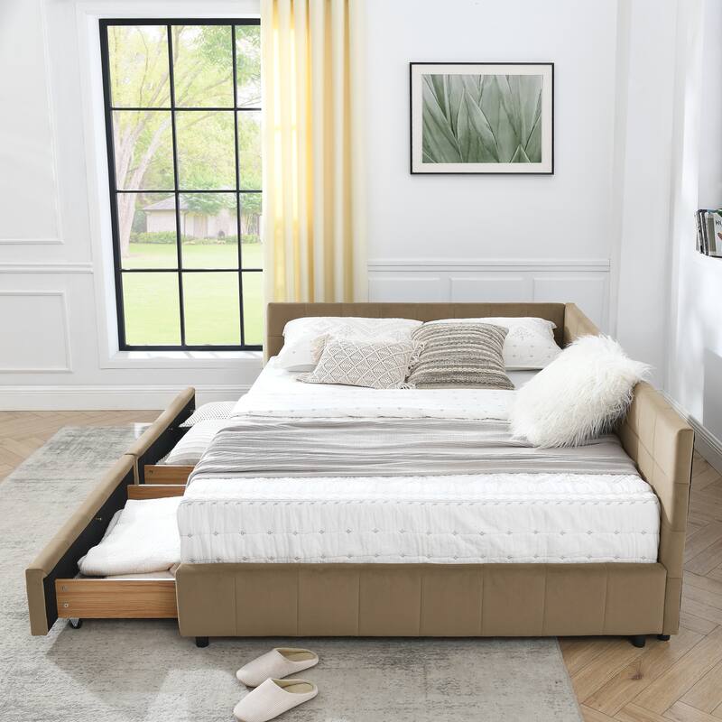 L-shaped Velvet Upholstered Daybed Tufted Sofa Bed with Soft Backrest Armrests - and Optional Corner Storage Day Bed