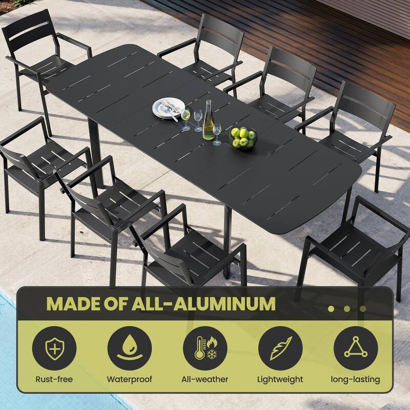 9-Piece Set Outdoor Extendable Patio Dining Table with Pneumatic Adjustable Folding Dining Chairs