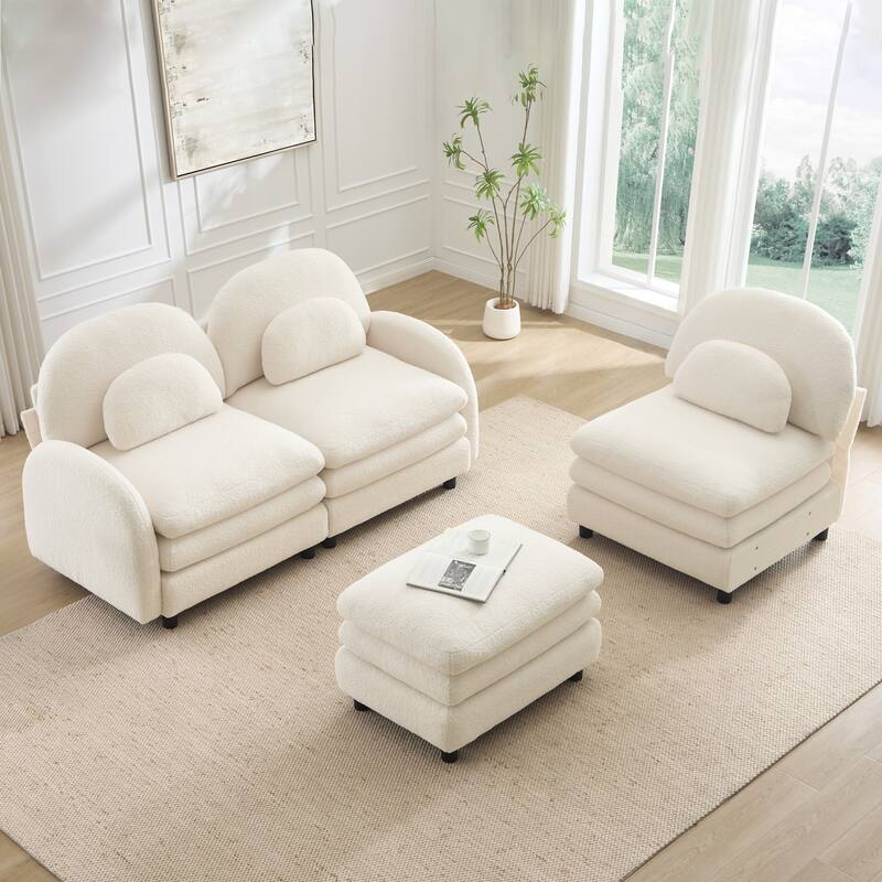 98.2" Teddy Fabric Sectional Sofa with Curved Pillows and Ottoman