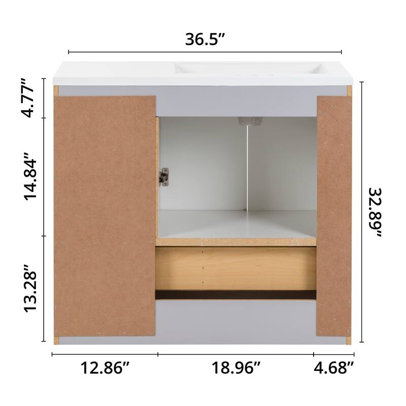 Spring Mill Cabinets Emlyn 36.5" Bathroom Vanity With Shelves, Drawer, and White Sink Top
