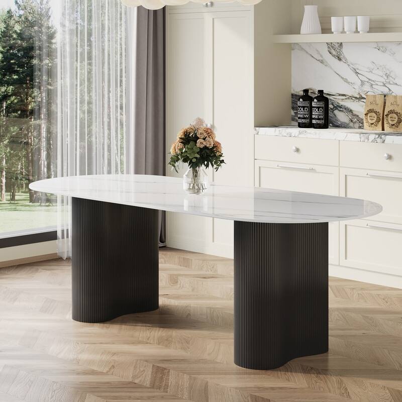 71" Glossy White Sintered Stone Dining Table, Double Round Legs, Oval Kitchen Table for 6 Persons