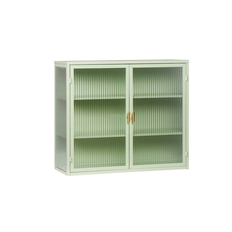 27.56"Glass Doors Modern Two-door Wall Cabinet with Featuring Three-tier Storage ,Mint Green