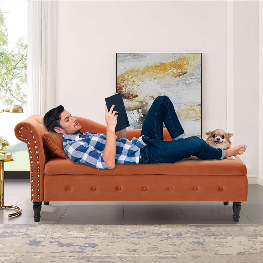 60"W Velvet Tufted Chaise Lounge, Storage Chaise Sofa, Solid Wood Leg - 25"D x 60"W x 27"H