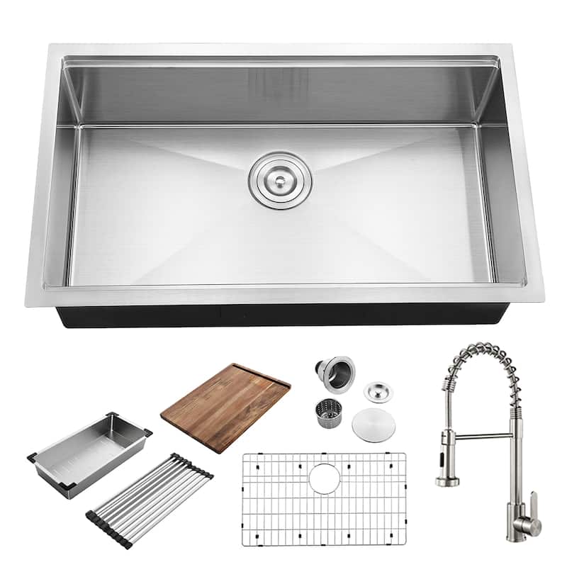 Undermount Handmade Workstation 304 Stainless Steel Kitchen Sink with grid cutting board colander drying rack and Strainer - 32"X19" - With Faucet