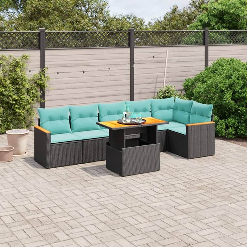 vidaXL Patio Sofa Set with Cushions Outdoor Furniture 7 Piece Poly Rattan - 24.4 x 24.4 x 27.2 - Black