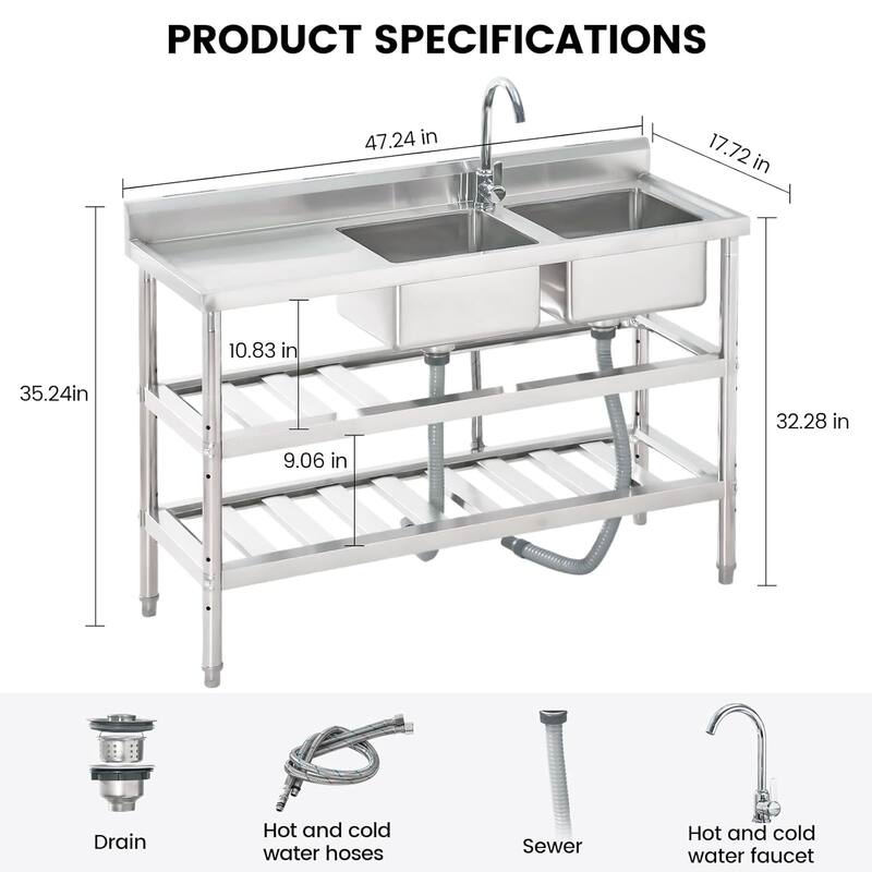 47" FreeStanding Double Bowl Commercial Kitchen Sink with Cold and Hot Water Pipes
