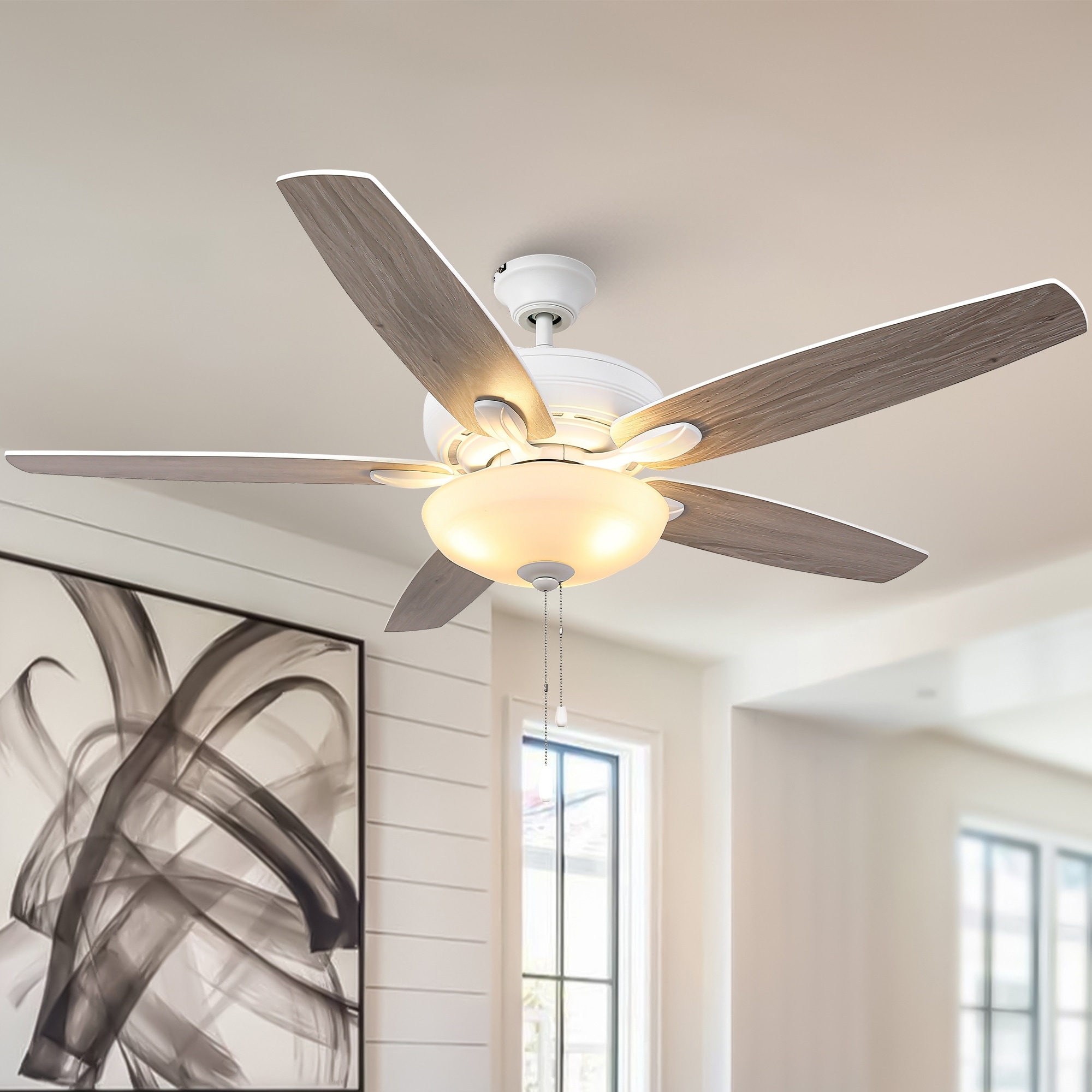 52" Coastal White Frosted Glass Ceiling Fan with Light and Pull Chain