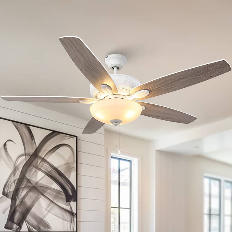 52-inch Coastal White Frosted Glass Ceiling Fan with Light and Pull Chain - Satin white