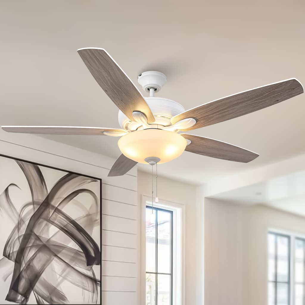 52-inch Coastal White Frosted Glass Ceiling Fan with Light and Pull Chain - Satin white