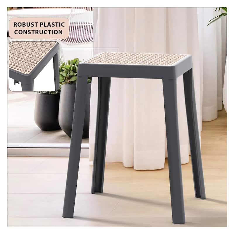 Tresse Modern Stackable Dining Stool with Wicker Seat for Dining Room, Garden, Patio, Indoor or Outdoor Set of 2