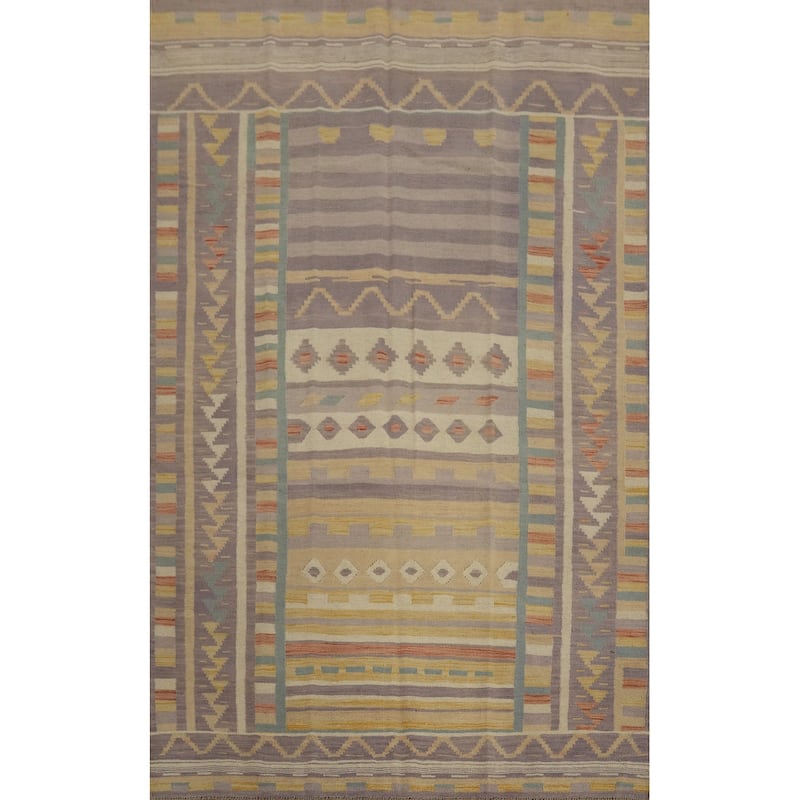 Hand Woven Oriental 100% Wool Carpet Southwestern Tribal Purples Kilim Area Rug - 8' 7'' X 5' 8''