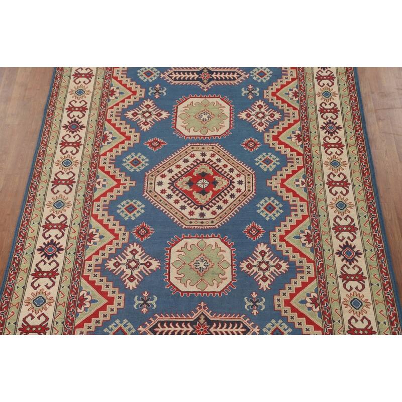 Blue Geometric Kazak Oriental Rug Handmade Traditional Wool Carpet - 6'8" x 10'1"