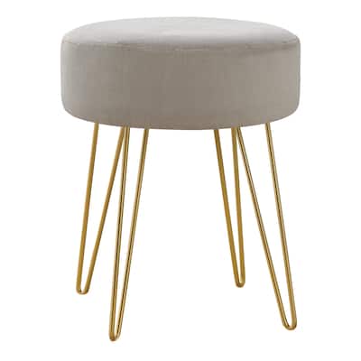 HomeRoots 14" Beige Velvet And Gold Round Ottoman