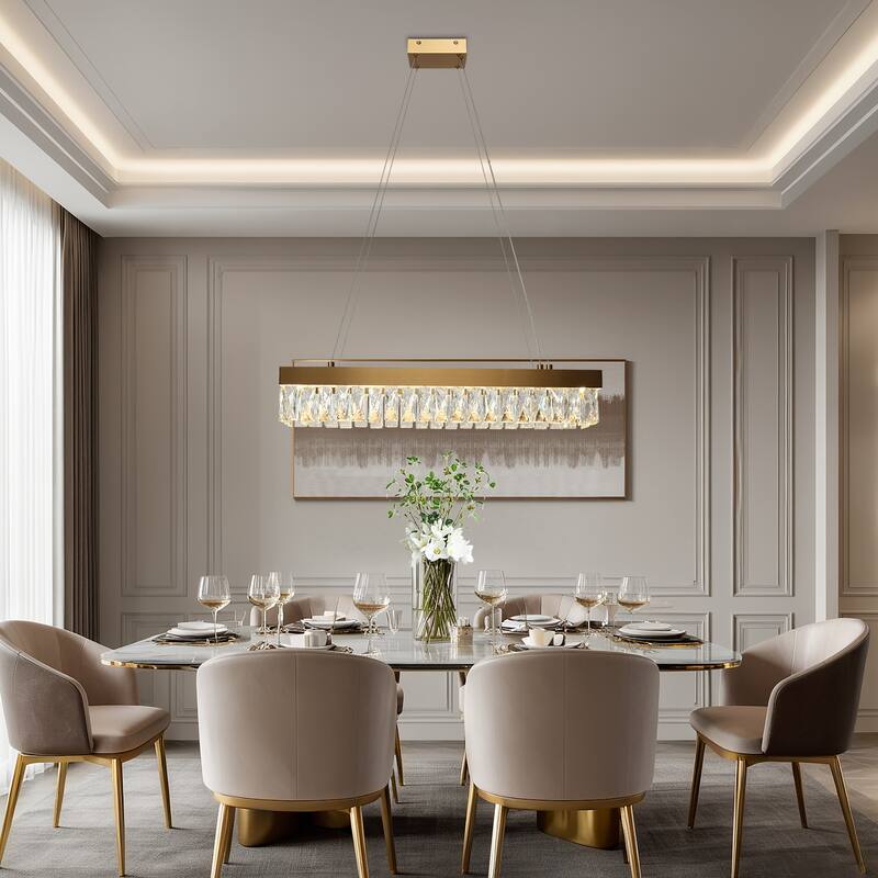 Modern Glam 1-Light Gold Crystal LED Chandelier Rectangle Pendant Lights for Dining Room - 27.5" L x 10" W x 5" H