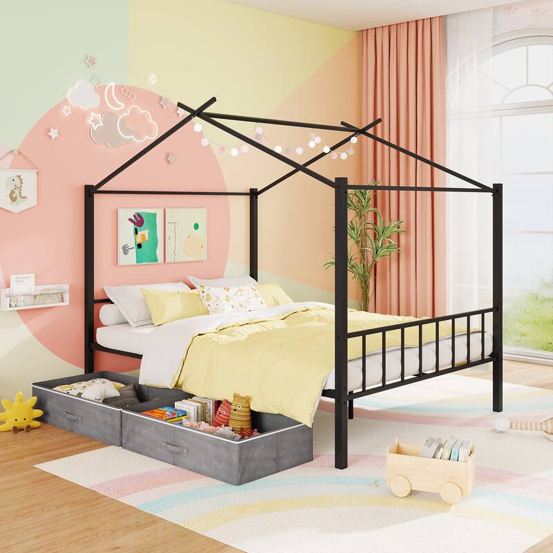 Full Size Metal House Bed Frame with Storage Drawers and Slats Support for Kids and Teens Room