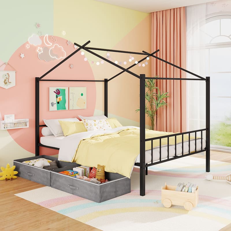 Gymax Full Size Metal House Bed w/ 2 Fabric Drawers Heavy-Duty
