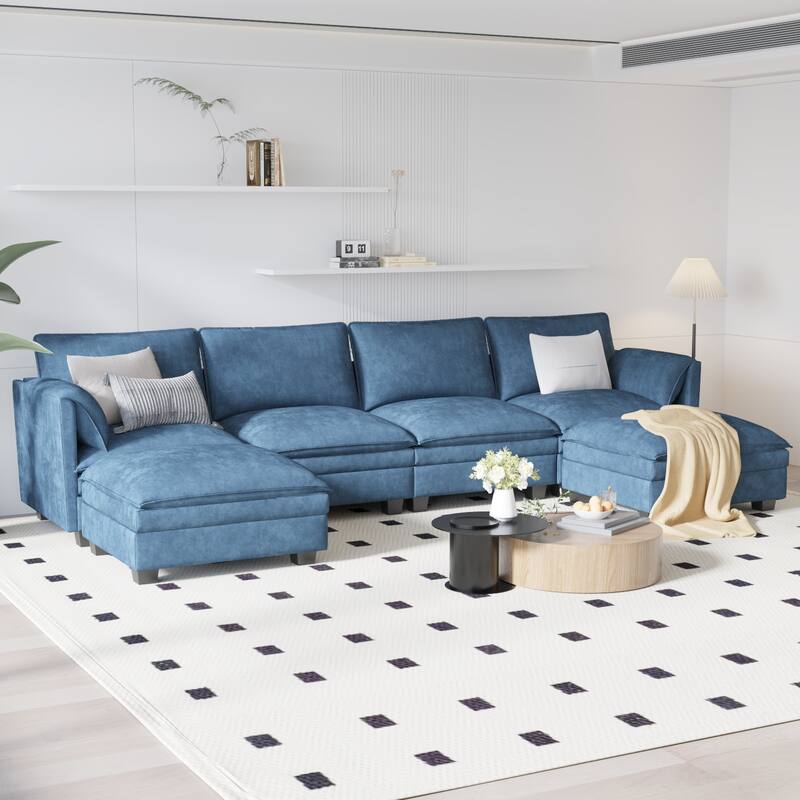 U-Shaped Sectional Sofa with Movable Ottoman, Oversized Fabric Upholstered 6 Seater Sofa, Deep Seat Sofa with Side Pockets