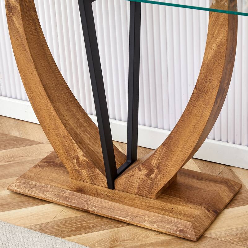 Modern minimalist rectangular glass table with tempered glass top and MDF wood grain sticker legs