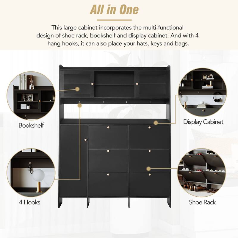 Large Hall Tree Shoe Rack Storage Cabinet with Tempered Glass Doors and 6 Flip Drawers for, Bedroom, Entryway, Porch Storage