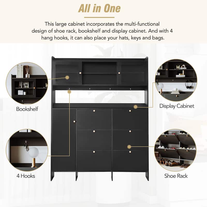 Roomfitters Multifunctional Tipping Bucket Shoe Cabinet with Storage Shelf, Large Hall Tree with 6 Flip Compartments