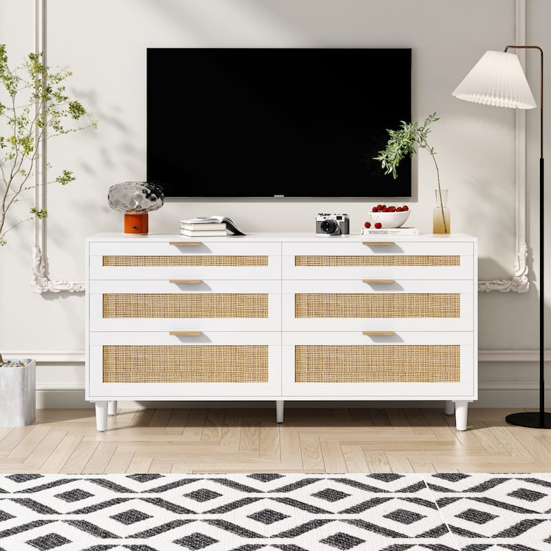 6 Drawers Rattan Dresser, Wooden Storage Wardrobe Dresser, Floor Standing Storage Cabinet with Metal Handle & Wood Legs - White