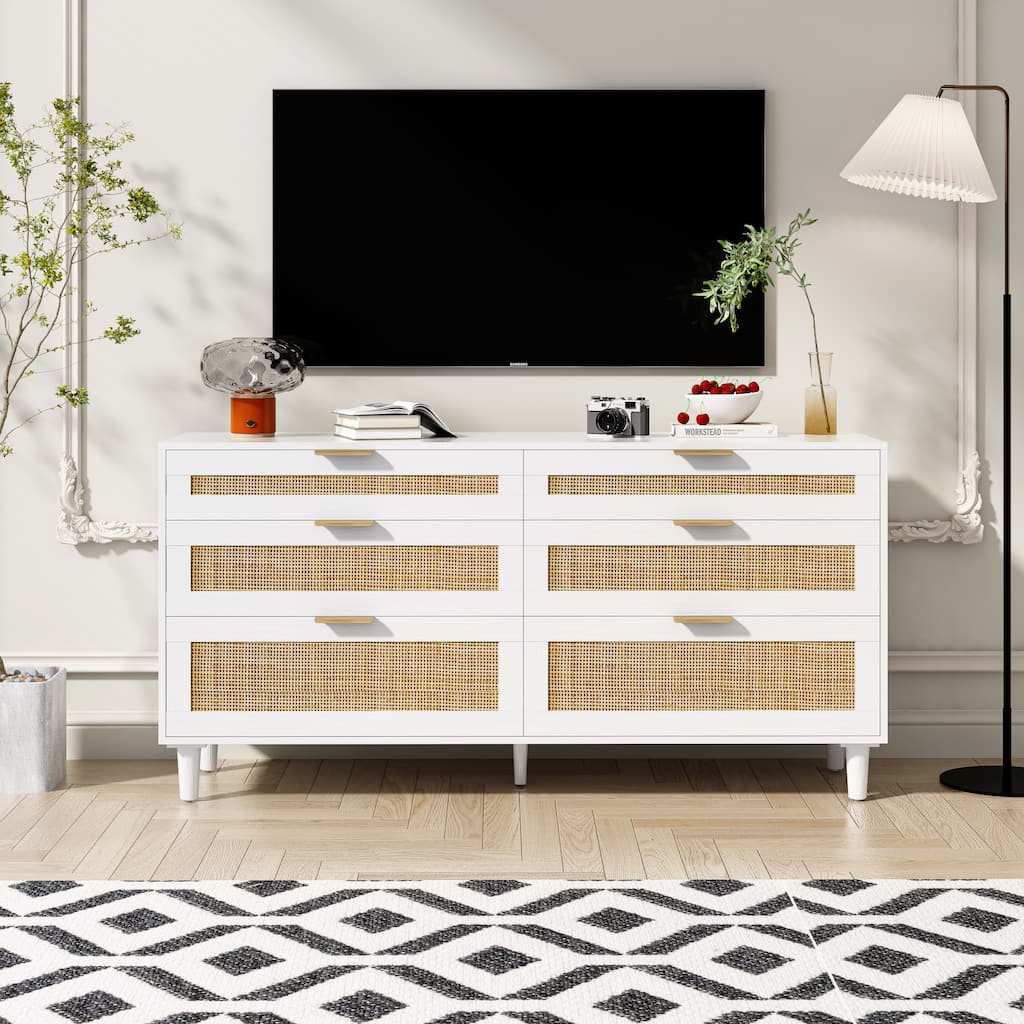 Rattan 6-Drawer Double Dresser with Metal Handle, Clothes Storage Cabinet for Bedroom
