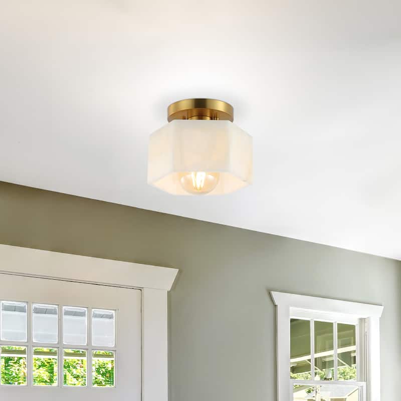 Celine 8" 1-Light Modern Contemporary Alabaster/Iron Hexagonal LED Semi Flush Mount, White Marbling/Brass Gold by JONATHAN Y