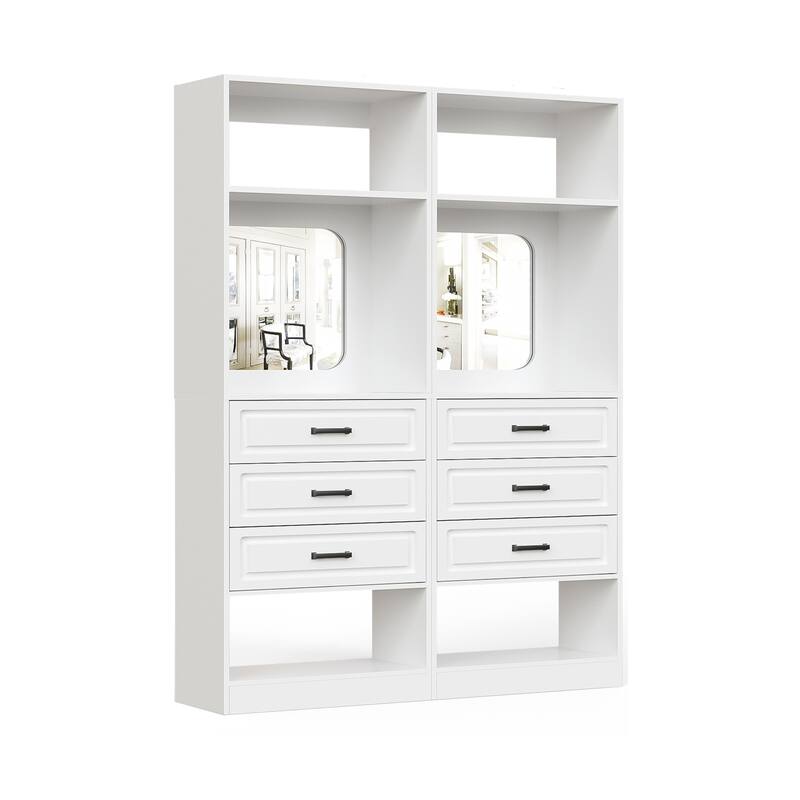 Cimly 25'' Freestanding Closet System with Drawers and Mirror, Display Shelves Organizer with Shelving - White - Set of 2