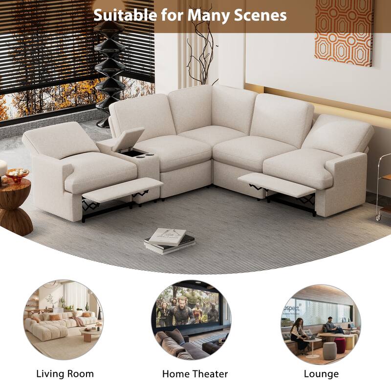 104" Linen Recliner Sectional Sofa (4-Seater) with Storage, USB & Cup Holders