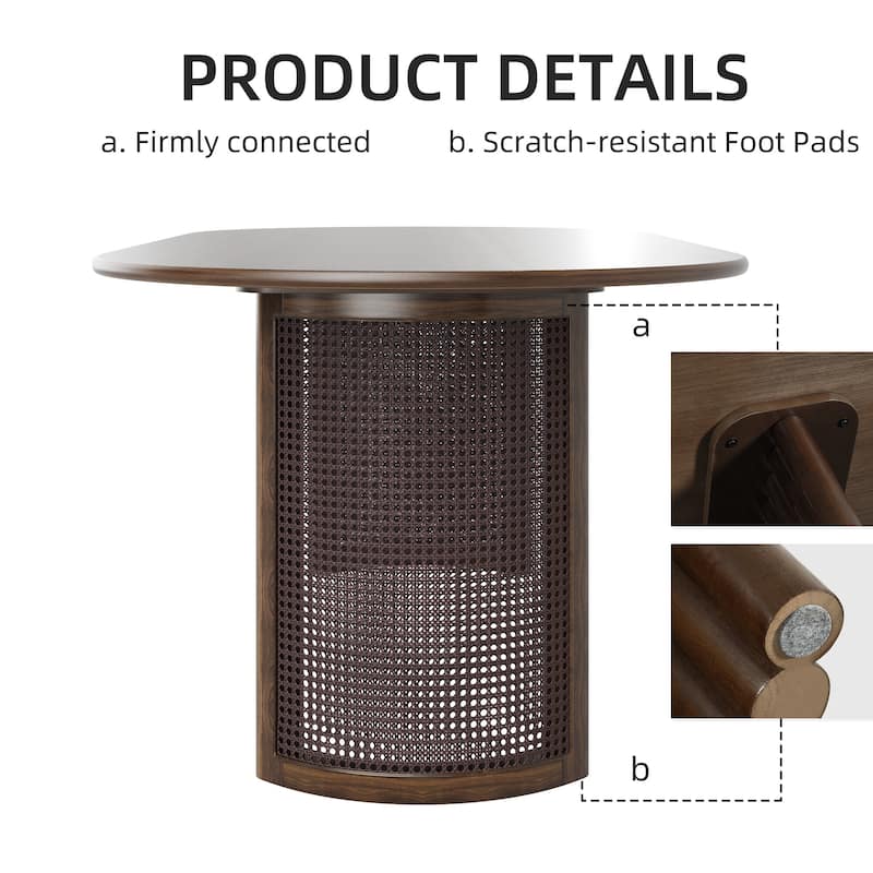 Oval Dining Table with Arc-Shaped Edge Top and Rattan Woven Base Modern Farmhouse Kitchen Table for Living Room Dining Room