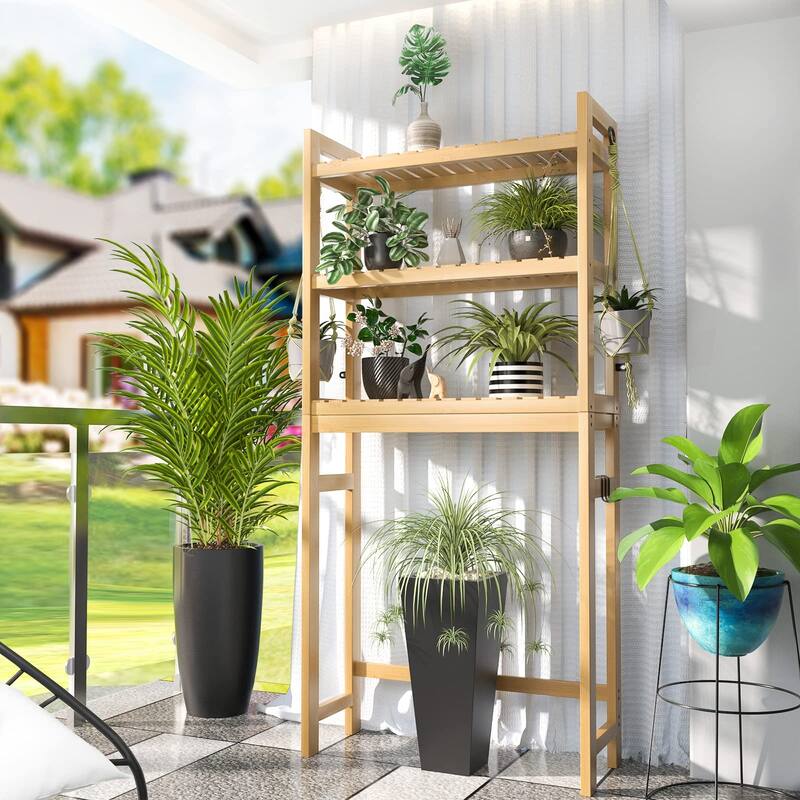 Over The Toilet Storage Shelf, Bamboo 3-Tier Above Toilet Storage Rack with 3 Hooks