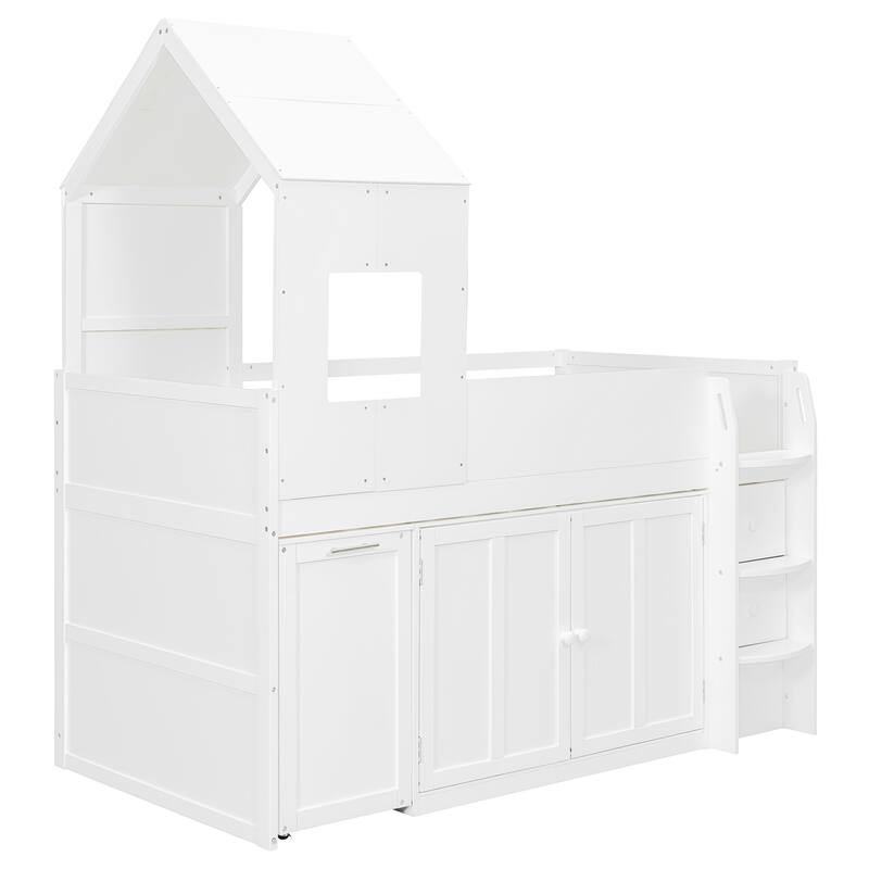 House-Style Kids Loft Bed Frame with Cabinets, Desk, Twin Size Wooden Loft Bed with Safety Guardrail & Storage Ladder