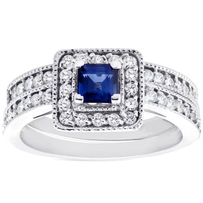1ct Blue Sapphire Princess Cut Halo Diamond Ring Set White Gold