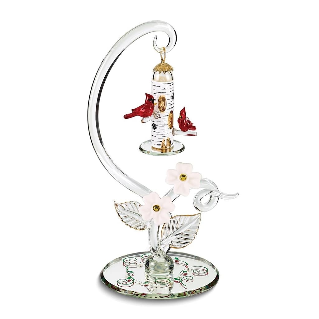 Curata Cardinals with Bird Feeder Handcrafted Glass Figurine