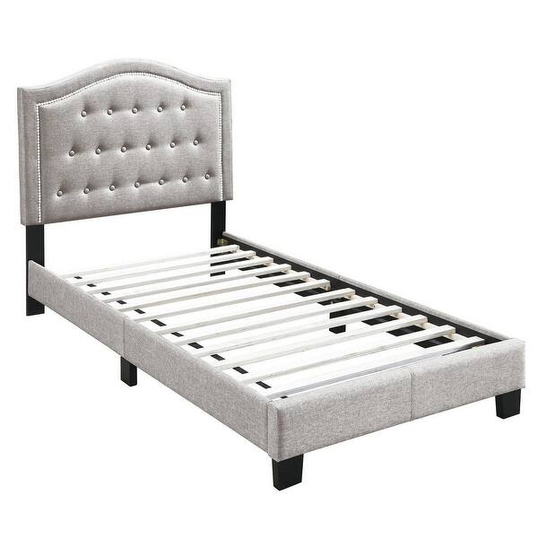 slide 2 of 2, Button Tufted Twin Burlap Bed with Curved Headboard, Light Brown Brown