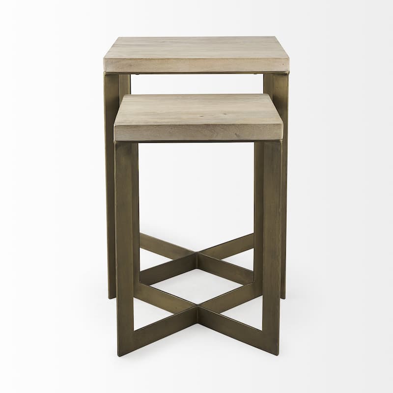 HomeRoots Set of Two Natural and Gold Solid Wood and Metal Square Cross Legs Nested Tables - 19' X '26' X '19