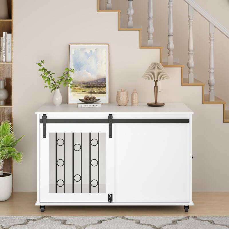 39.37" Wooden Dog Crate Furniture with Sliding Barn Door and Side Door, Indoor Dog Kennel End Table for Small to Medium Dogs
