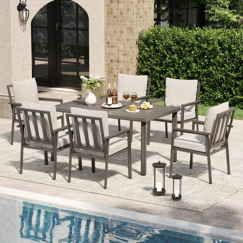 Quietude 7-Piece Gray Aluminum Patio Dining Set with Rectangular Table and Light Gray Cushions