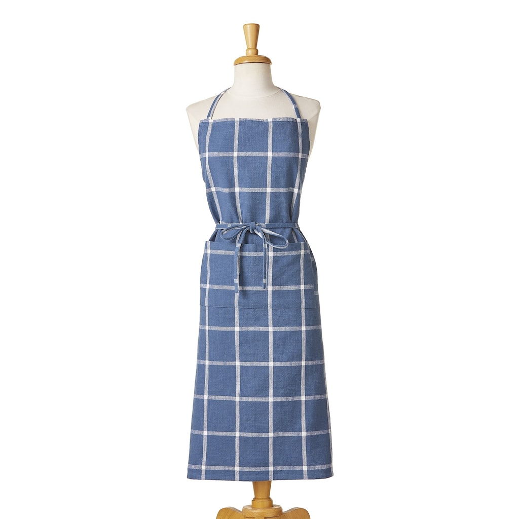Classic Check Slub Bib Apron with Large Pocket and Waist Tie Blue, One Size Fits Most, Machine Wash, Blue