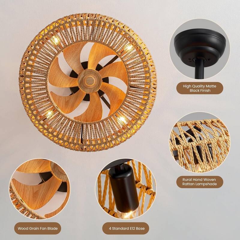 20" Boho Caged Ceiling Fan with Lights Remote Control Rattan Low Profile Ceiling Fan Farmhouse Ceiling Fansfor Kitchen Bedroom