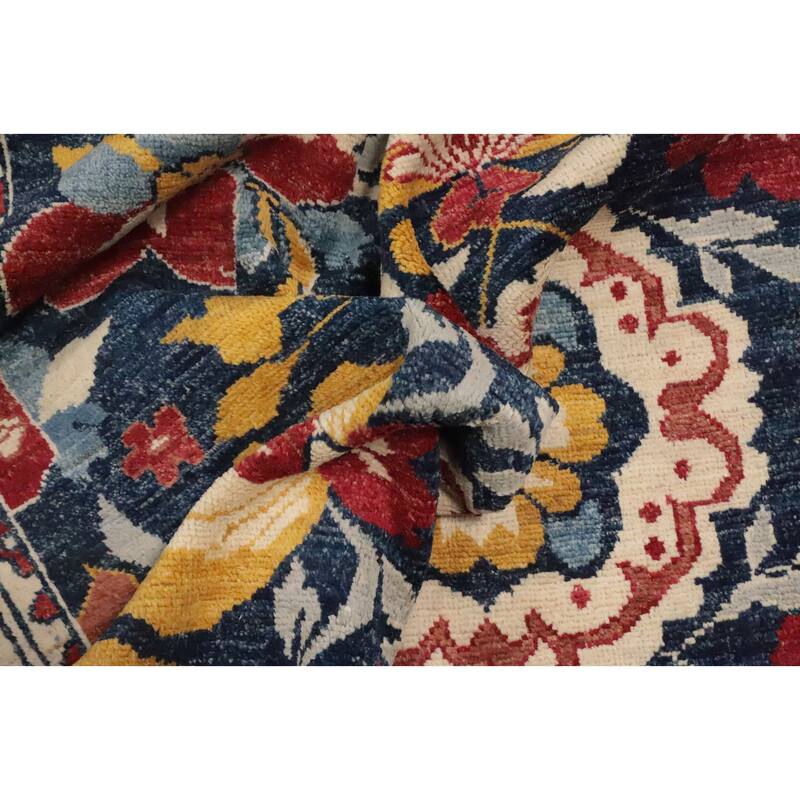 Hand Knotted Oriental 100% Wool Carpet Transitional All-Over Navy Blue & Blues Oushak Area Rug - 9' 10'' X 6' 6''