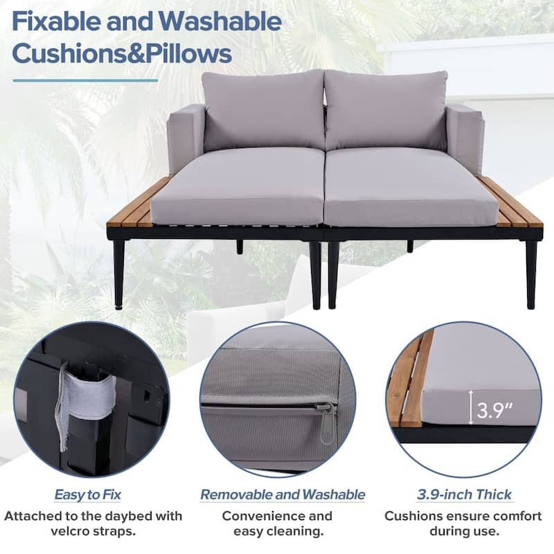 Modern Outdoor Daybed Patio Metal Daybed with Wood Topped Side Spaces