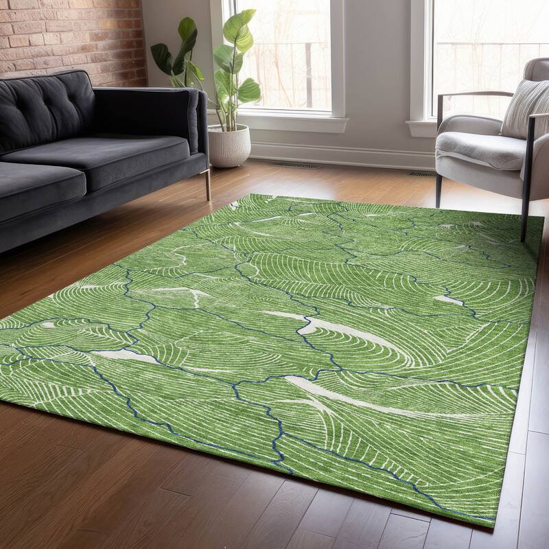 Machine Washable Indoor/ Outdoor Abstract Crackle Chantille Rug - Green - 3' x 5'