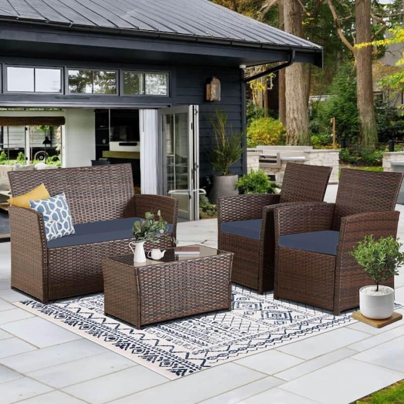 4-Piece Wicker Outdoor Sofa Set, 1 Loveseats, 2 Single Sofas, 1 Table - Brown/Blue