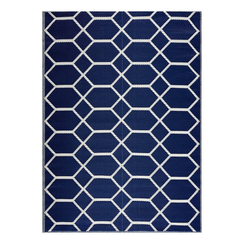 Playa Rug Outdoor Recycled Reversible Plastic Folded Mat/Rug Milan Collection Lightweight & Weather, Water and UV Resistant - 5'x7' - Navy&Crème