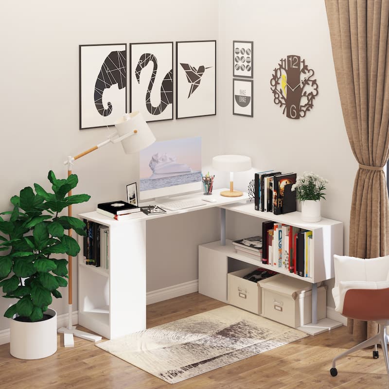 HOMCOM 55" Rotating Corner Computer Desk: L-Shaped Workstation, Storage Shelves - White