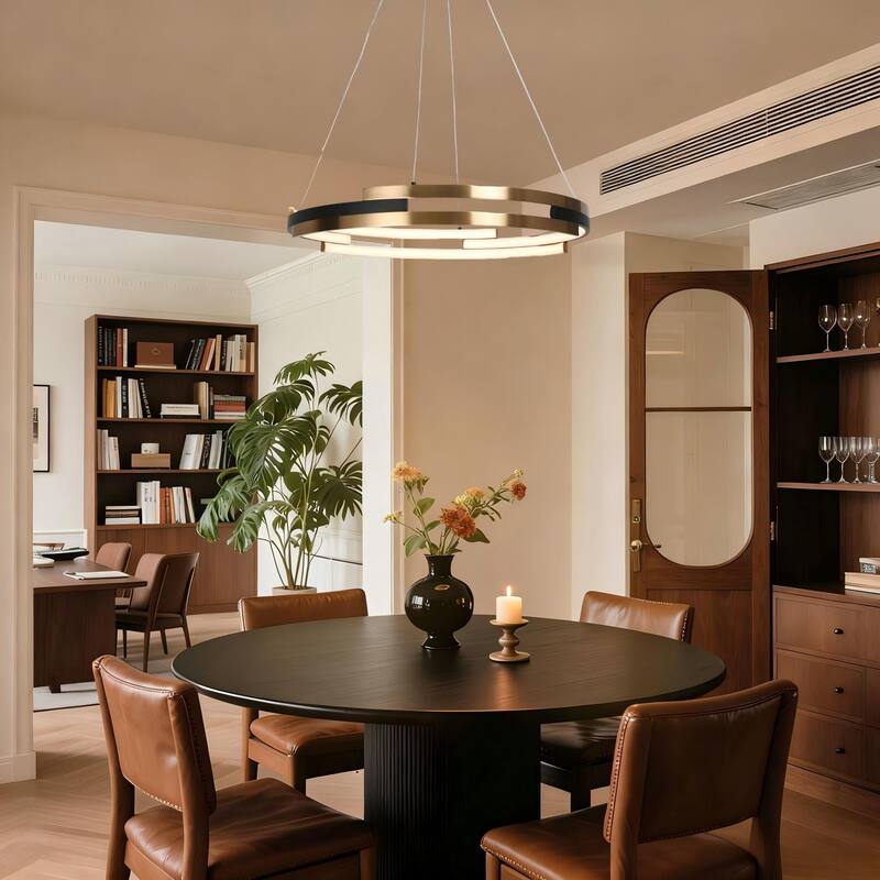 Modern Contemporary Black Gold Wheel Chandelier Integrated LED Round Pendant Light for Dining Room - 25.5" D x 63.5" H